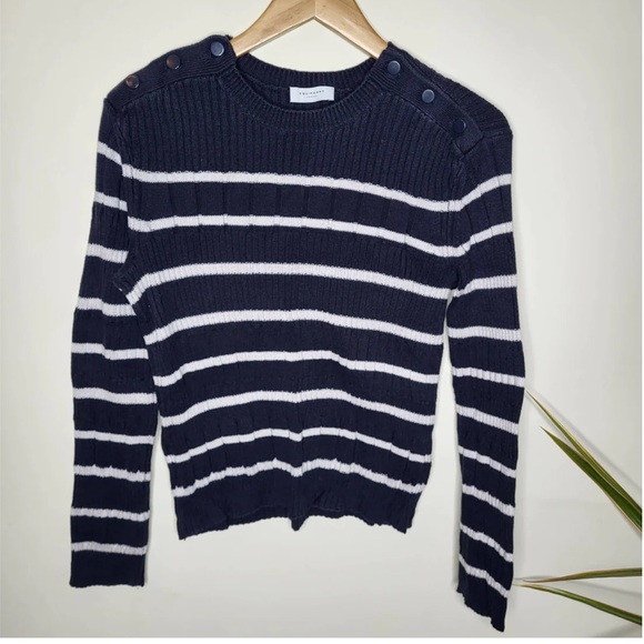 Equipment Femme Cotton Cashmere Stripe Ribbed Knit Button Shoulder Sweater - L - Picture 2 of 7